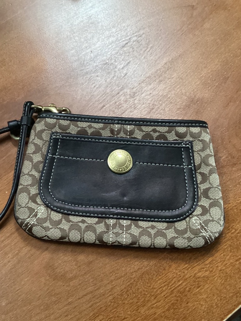 Coach Brown Canvas Leather Sig C Corner Zip Wristlet Mini Pouch